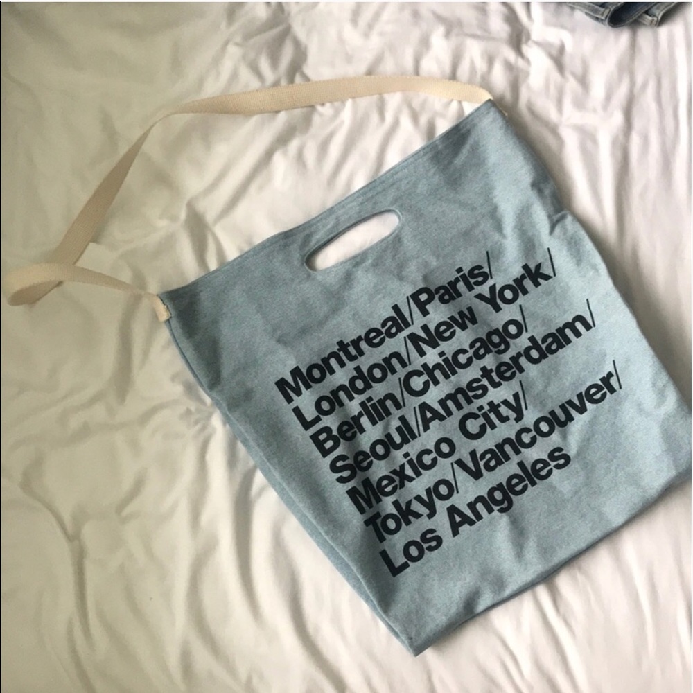 Light Wash Denim Cities Print Oversized Tote